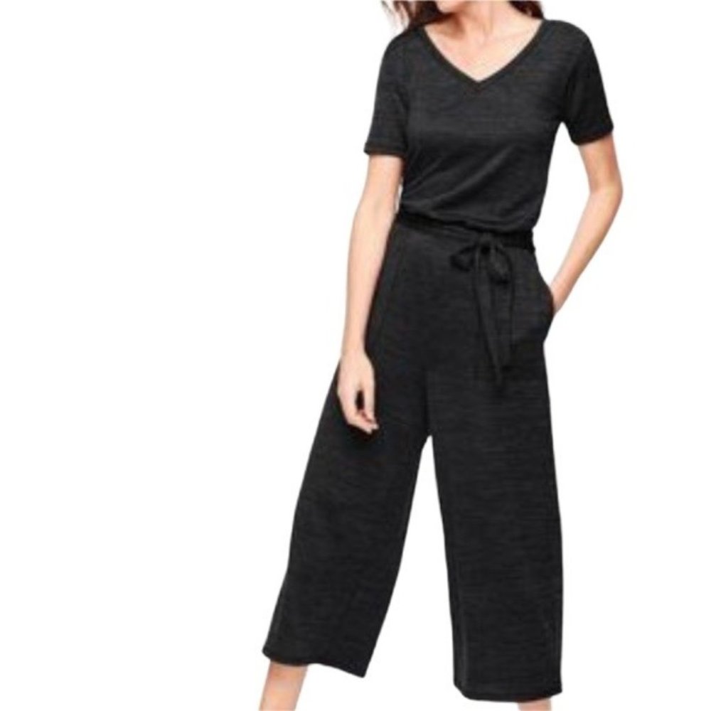 T. by Talbots Heatered Black Jersey Jumpsuit Cropped Small